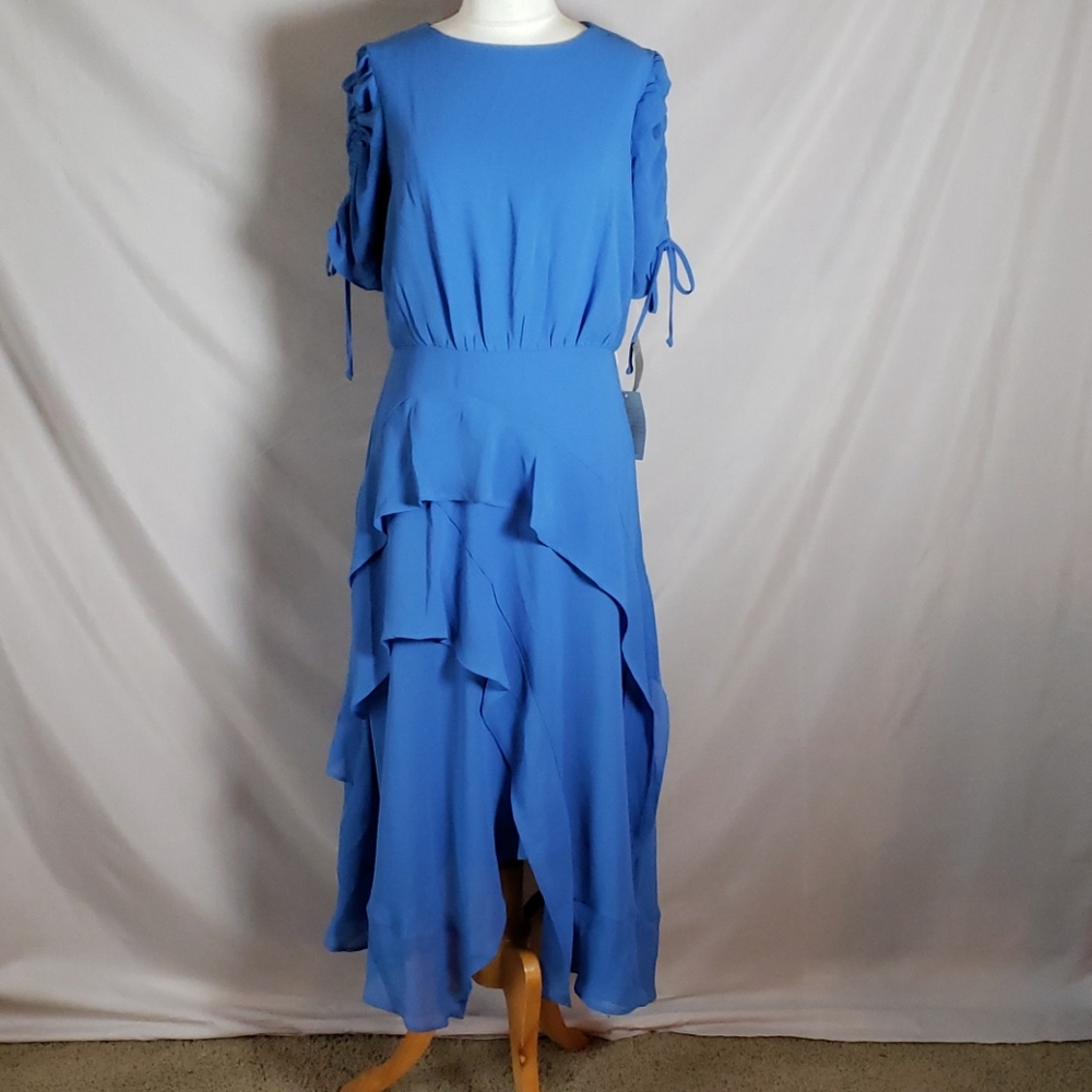 NEW Gabby Skye Drawstring Sleeve Ruffle Midi Dress